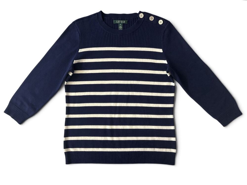 Lauren Ralph Lauren Women Sweater Nautical Blue White Stripe Gold Buttons Medium
